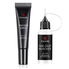 Curvlife 15g Semi-Solid Glue Gel and 20ml Pinpoint Glue Remover Kit for Press on Nails, Quick Dry No UV Lamp Needed with Gentle Non-Acetone Remover For Fake Nail Tips
