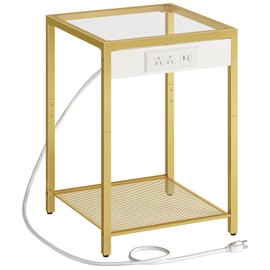 HOOBRO Side Table with Charging Station, End Table with USB Port, Nightstand for Tight Spaces, Tempered Glass, Modern Metal Frame, for Office, Bedroom, Living Room, Study, Gold GD76UBZ01