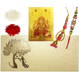 Purpledip Bhai Dooj Rakhi Hamper: Bhai Rakhi Bracelet. Bhabhi Rakhi (Lumba or Latkan), Ganesha Magnet, Roli Chawal Tika (rakhi80c)