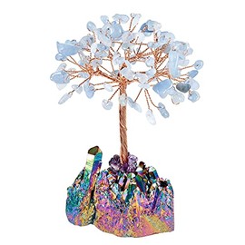 mookaitedecor Aquamarine Healing Crystal Stone Tree of Life with Angel Aura Cluster Base for Office Table Home Decor Luck Wealth, Height 4.5-5.7 inch