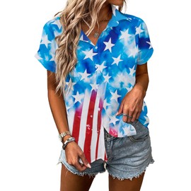 American Flag Shirt Patriotic T-Shirt: Women 4th of July Tops USA Red White Blue Tee Memorial Day Button Down Shirts