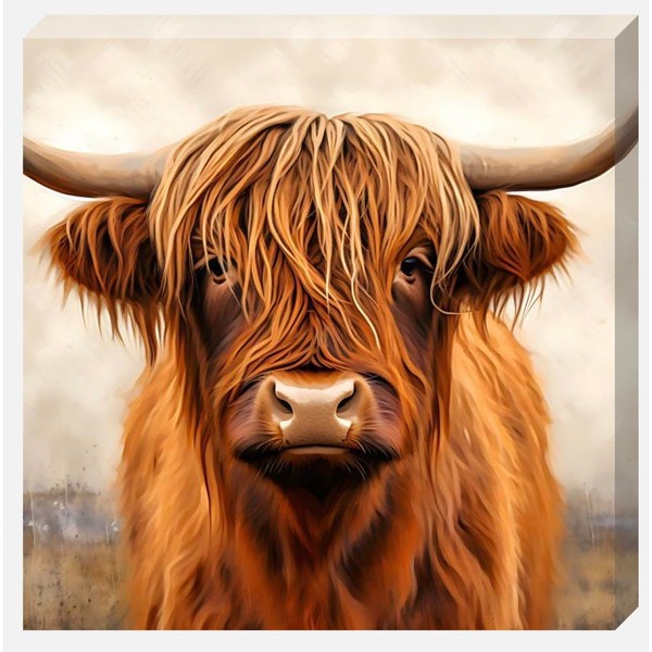Brown Solo Highland Cow In Field Canvas Scottish Wall Art