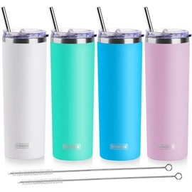 koodee 20 oz Tumbler with Lid and Straw -4 Pack Insulated Skinny Tumblers Stainless Steel Double Wall Water Cup (White/Teal/Sky Blue/Baby Pink)