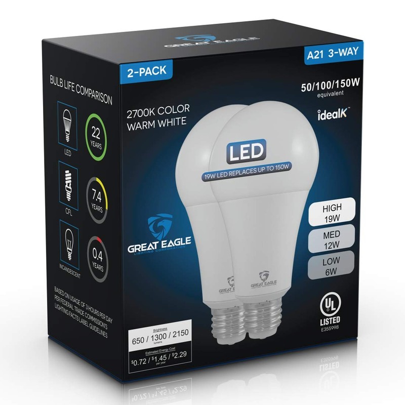 Great Eagle 50/100/150W Equivalent 3-Way A21 LED Light Bulb 2700K