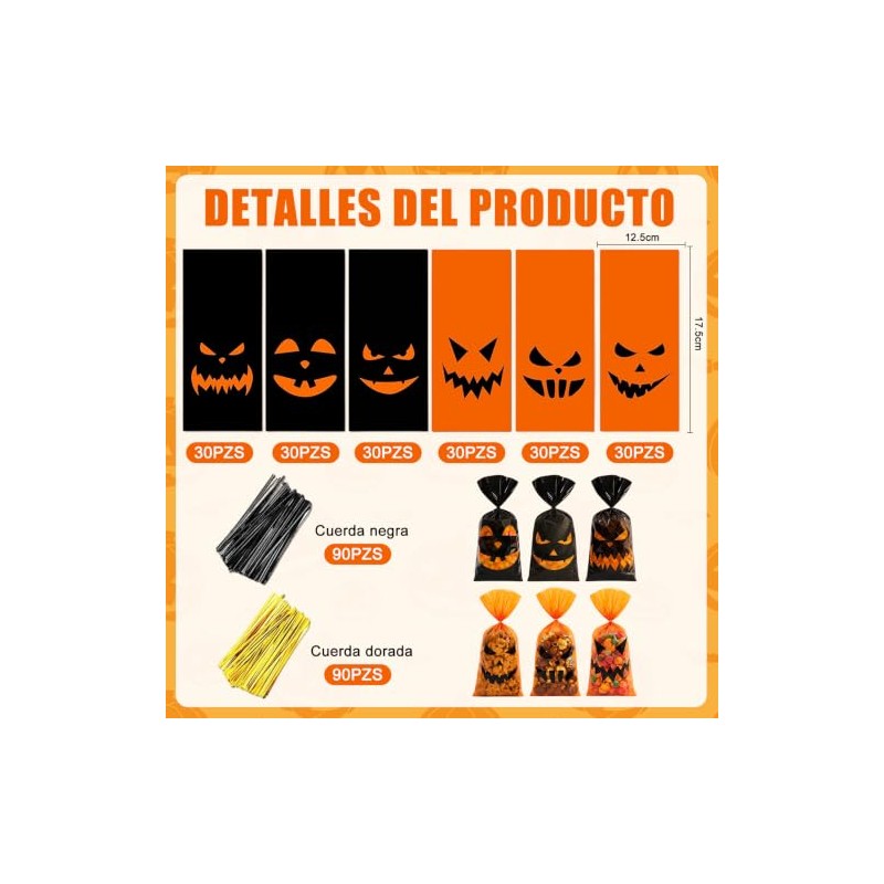 180pzs Bolsas de Dulces Halloween Cara de Calabaza Negro y