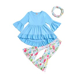 Noubeau Toddler Baby Girl St.Patrick's Day Outfits Ruffle Top Long Sleeve Dress Clover Print Flared Pants+Scarf 3Pcs Clothes(Easter 01,6-12 Months)