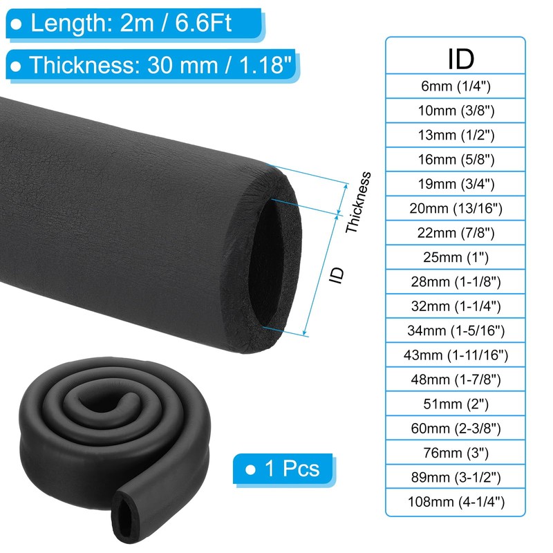PATIKIL 3"(76mm) ID x 6.6Ft Pipe Insulation Foam Tube, Pipe