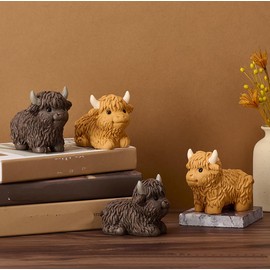 Resin Highland Cow Figurine - Highlander Cow Ornaments - Animals Table Sculpture - Kitchen Table Home Decoration (1PCS, Coffee-B)