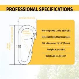 RiaYer 1-Pack 5/16" (8mm) Marine Grade 316 Stainless Steel Spring Snap Hook Heavy Duty Quick Link Carabiner for Boat Dock Line Kayak Sailing