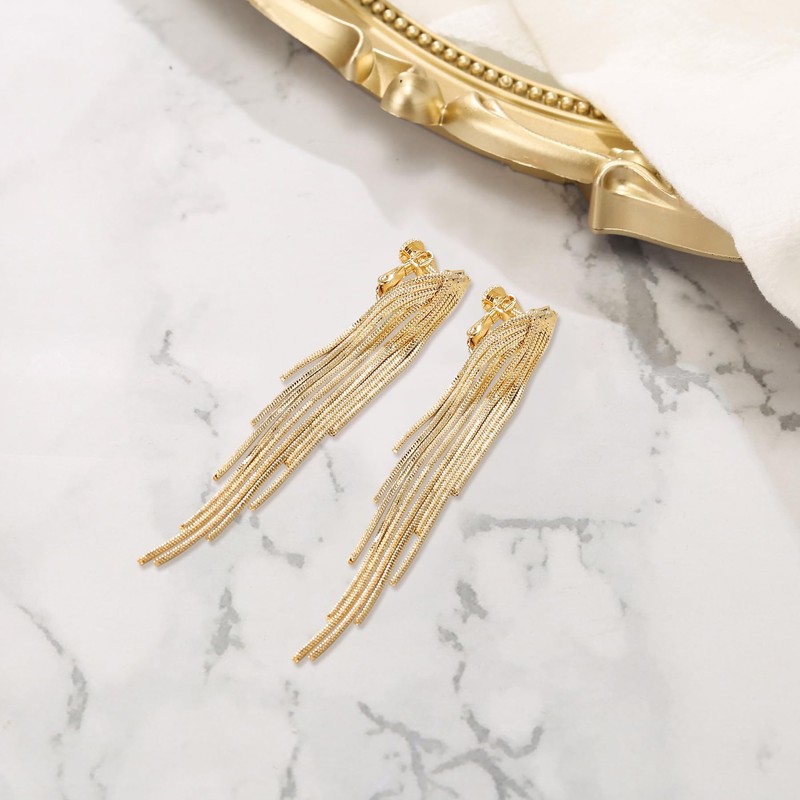 Clearine Clip-on Earrings Gold Plated Fashion Long Chandelier Dangling Linear