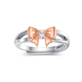 Bow Ring 925 Sterling Silver Pink Gold-Plated Adjustable Women's Ring Gift for Mother Daughter, Sterling Silver, Cubic Zirconia