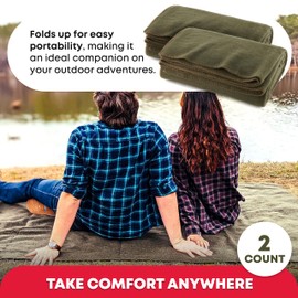 Ever Ready First Aid Olive Drab Green Warm Fire Retardant Blanket, 66" x 90" (80% Wool) – US Military Style, Heavy-Duty Survival & Emergency Blanket for Camping, Hunting, Outdoors & Home Use - 2 Pack