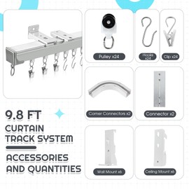 Juexica 3ft-16.4ft / 5 Meter Curtain Track Set with 90 Degree Corner Bends, Ceiling or Wall Mount, Aluminum Heavy Duty Ceiling Mount Adjustable Length Curtain Rails with Rods Clips Hooks (White)
