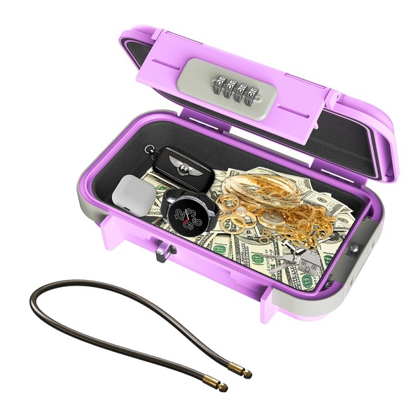 Brifit Portable Safe Box, Combination Security Case Lock Box with Code, Waterproof Anti-Theft Mini Travel Safe Box with Removable Wire Rope, Portable Lock Box for Beach, Office, Outdoor, Pink Purple