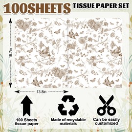 Whaline 100 Sheets Vintage Brown Floral Tissue Paper Chinoiserie Flower Bird Butterfly Gift Wrapping Paper for DIY Art Crafts Wedding Birthday Packaging, 13.8 x 19.7 Inch