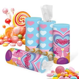Car Tissue Holder with Facial Tissues Bulk - 4pack Car Tissues Cylinder, Tissue Holder for Car, Travel Tissues for Car Cup Holder, Refill Car Tissue Box Round Container (Sweet Candy)