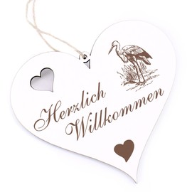 Herzlich Willkommen Sign, Stork, Decorative Heart, Wooden Welcome Sign, Door Sign, Door Decoration