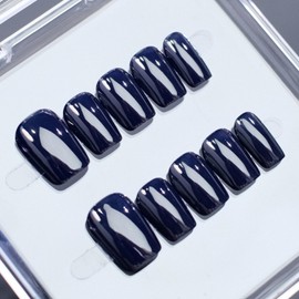 Solid Color Press on Nails Short Square Handmade Fake Nails Salon Quality False Nails Designs Glossy Dark Blue Acrylic Nails Full Cover Thick Acrylic and Muti-Layer Gel Stick on Nails for Women (M)