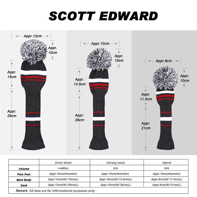 Scott Edward Golf Headcovers 5Pcs for Driver*1 Fairway*2 Hybrid*2,Knitted Elastic