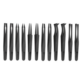 HARFINGTON 12Pcs Precision Plastic Tweezers Kit 120mm Anti-static Flat Pointed Curved Round Head Craft Tweezers Set Black for Electronics Jewelry Making Laboratory Work DIY Repair Tool