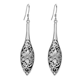 EVER FAITH Women's 925 Sterling Silver Bali Inspired Flower Filigree Puffed Teardrop Dangle Hook Earrings