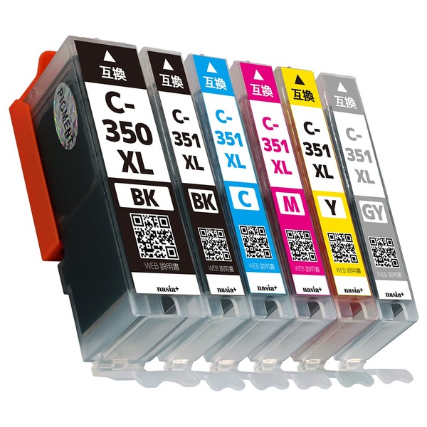 Canon BCI-351XL (BK/C/M/Y/GY) + BCI-350XL (Pigment/PGBK) (High Capacity in All Colors/Pigment 6 Color Pack), Compatible Ink Cartridges, Compatible with Genuine Ink Cartridges, QR (WEB) Instruction