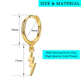 CERSLIMO Gold Dainty Dangle Huggie Hoop Earrings for Women Girls, S925 Sterling Silver Drop Earrings | 14K Gold Plated Small Minimalist Lightning Bolt Dangle Earrings