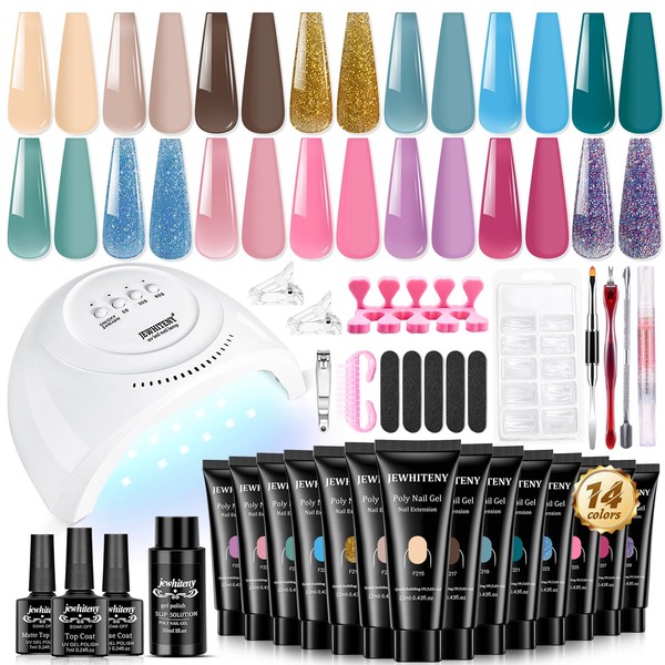 JEWHITENY 14 Colors Poly Gel Nail Kit Nude pink Blue yellow Glitter All In One Polygel Nail Kit Starter Kit Polygel Nail Kit With U V Lamp Base Top Coat Gift for Women