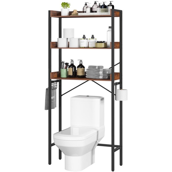 Yoobure Over The Toilet Storage Rack, 3 Tier Bathroom Shelf with Hooks, Organizer Storage, Shelves for Space Saver Above Brown