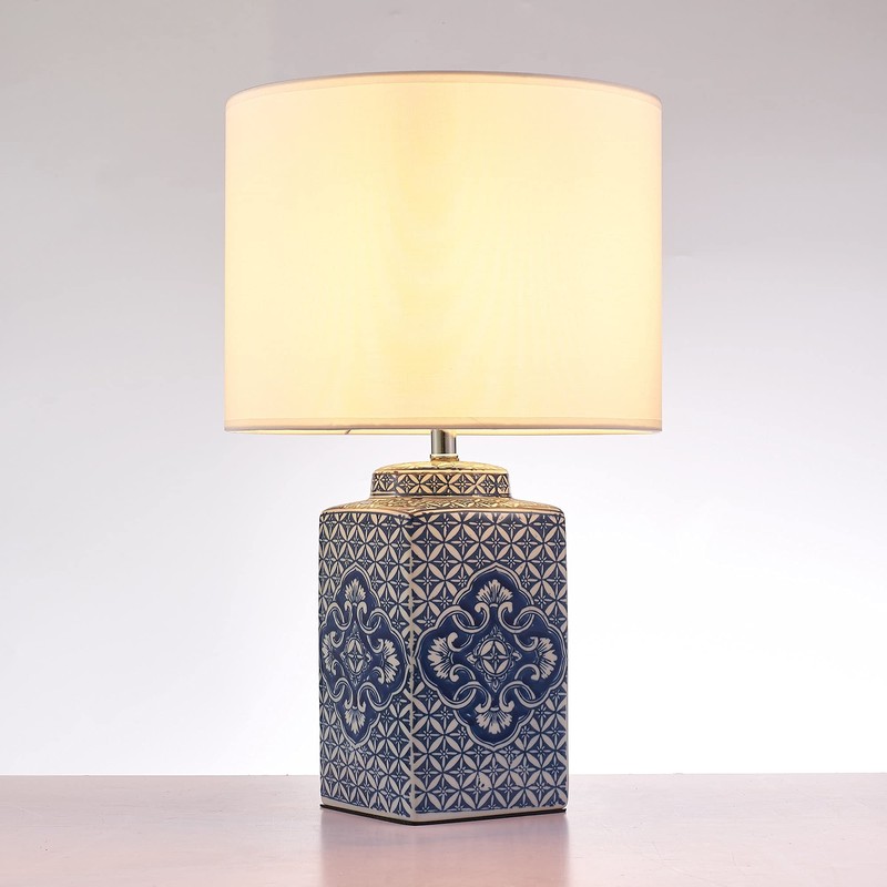 Pasargad Home Margaret Metal & Ceramic Modern Table Lamp, White/Blue