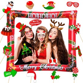 KKSJK Christmas Inflatable Picture Frame with 32 Pieces Photo Props, Christmas Decoration Photo Booth, Christmas Party Photo Box Accessories, Selfie Frame for Christmas