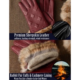 OCXMME Winter Gorgeous Leather Gloves for Women Warm Cashmere Lined Rabbit Fur Cuffs Touchscreen Texting Driving Gloves Dark Red X-Large