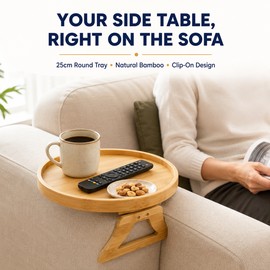 Bamboo Sofa Armrest Tray Table, Clip-On Round Couch Tray for Snacks, Drinks, Remote Control and Coffee