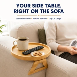 Bamboo Sofa Armrest Tray Table, Clip-On Round Couch Tray for Snacks, Drinks, Remote Control and Coffee