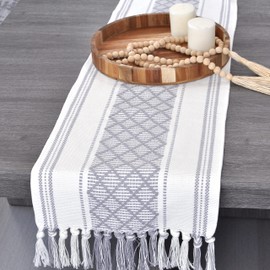 Boho Short Coffee Table Runner with Tassels 14 x 48 Inches, Grey & Cream/ Woven Washable Dresser Scarf and Topper for Bedroom, Farmhouse Short Table Cover