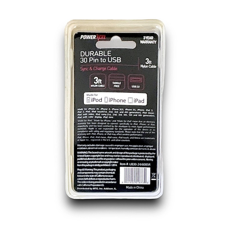 For Apple Powerxcel Durable 30 Pin to USB Sync &