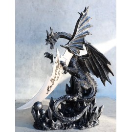 Large Dreamwork Fantasy Obsidian Dragon Statue With Fire Dagger Letter Opener