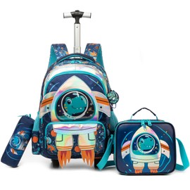 Kids Rolling Backpack for Boys Space Shuttle Trolley Suitcases Luggage with Wheels Bookbag Wheeled 3pcs Preschool Students Elementary Teenagers Lunch Box Pencil Case Blue for Age 5-10