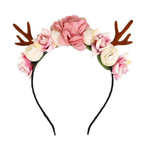 Minkissy Elk Antlers Headband Flower Hair Garland Flower Crown Headpiece Novelty Hair Band Headpiece for Carnival Party Festivals