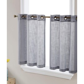 HLC.ME Abbey Faux Linen Textured Semi Sheer Privacy Light Filtering Transparent Grommet Short Thick Cafe Curtain Tiers for Small Windows, Kitchen & Bathroom, Set of 2 (35 W x 24 L, Grey)