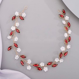 Chargances Bride Flower Rhinestone Headband Wedding Red Crystal Hair Vine Bridal Prom Hair Accessories for Women and Girls (Dark red)