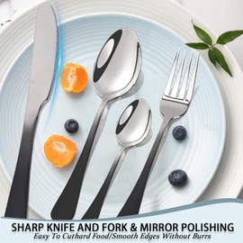 24 Pieces Flatware Set,Stainless Steel Silverware Set with Color Handles,Cutlery Set Service for 6,Include Dinner Knives Forks Spoons,Flatware Utensil Set with Holder,Mirror Polish (Black)