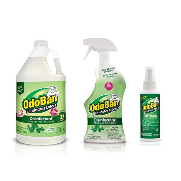 OdoBan Ready-to-Use Disinfectant and Odor Eliminator, Set of 3, 4 Ounce Travel Spray, 32 Ounce Spray, 1 Gallon Concentrate, Original Eucalyptus Scent