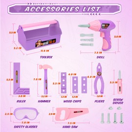 Kids Tool Set, Kids Construction Tool Set with Drill and Tool Box, Tool Set for Kids Age 3-5, Pretend Play Learning Tools Kids Toys Gifts for Toddlers Boys Girls (Pink & Purple Color)