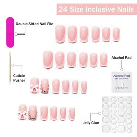 Cute Press on Nails Short Square SWEKKE French Tip Fake Nails Pink Full Cover False Nails with Pink Bow Charm Designs Rhinestones Glossy Glue on Nails Acrylic Artificial Nails for Women Girls 24Pcs