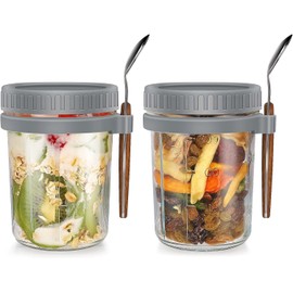 U Chef Juego de 2 Recipientes de avena con Tapa y Cuchara, Tarros de Vidrio para Alimentos de 16 onzas, Recipiente Hermético de Avena, Ideal para llevar y Viajar
