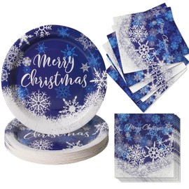 KTCNMER 50 Pcs Christmas Paper Plates and Napkins,Snowflake Winter Holiday Dinner Party Supplies,Serve 25