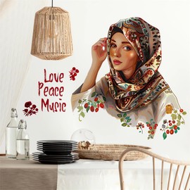 Love Peace Music Girl Wall Stickers, sacinora Lovely Eastern Girl Art Wall Decals Removable Vinyl Peel and Stick for Teens Women Living Room Bedroom Children’s Room Home Decorations