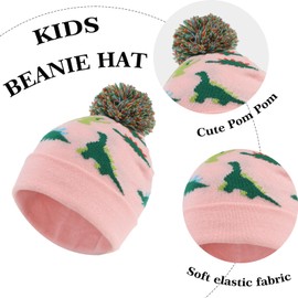 NATUST 3Pcs Boys Hat Scarf Gloves Set Kids Pompoms Beanie Cap Knitted Scarf Gloves Cartoon Dinosaur Print Winter Accessories Sets Pink 2-10 Years
