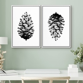 SIGNWIN Framed Canvas Print Wall Art Set Black & White Forest Woodland Pinecone Nature Wilderness Illustrations Modern Art Rustic Relax/Calm for Living Room, Bedroom, Office - 24"x36"x2 White